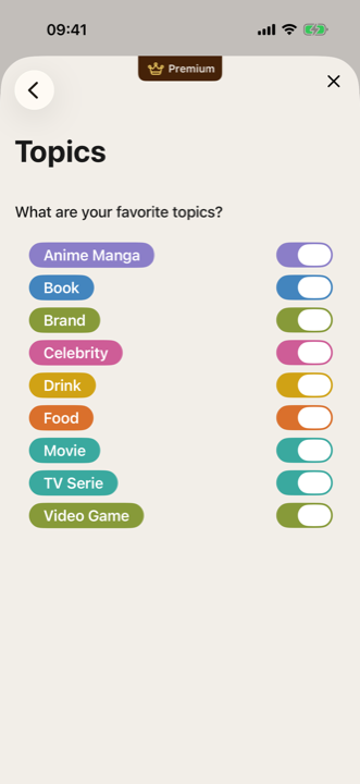 Theme selection screen in Redacto: movies, TV shows, manga, music, books, video games, celebrities, cooking