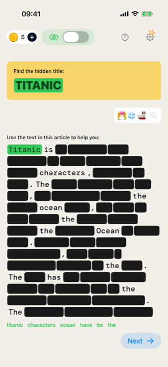 Redacto victory screen: the title Titanic found and revealed in green in the article