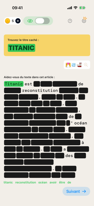 Écran de victoire Redacto : le titre Titanic trouvé et révélé en vert dans l'article